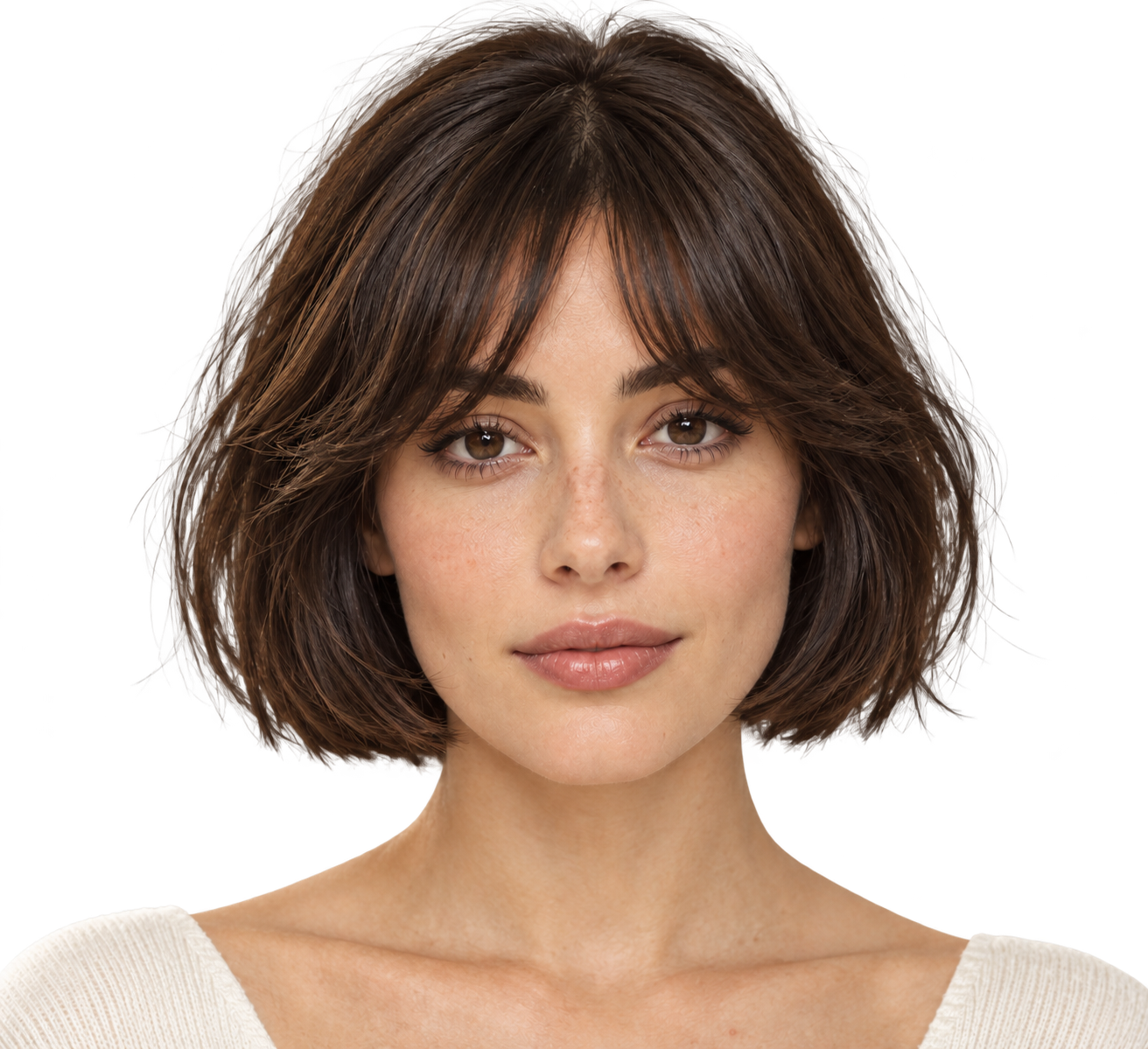 Editorial portrait showing a French bob with soft curtain bangs